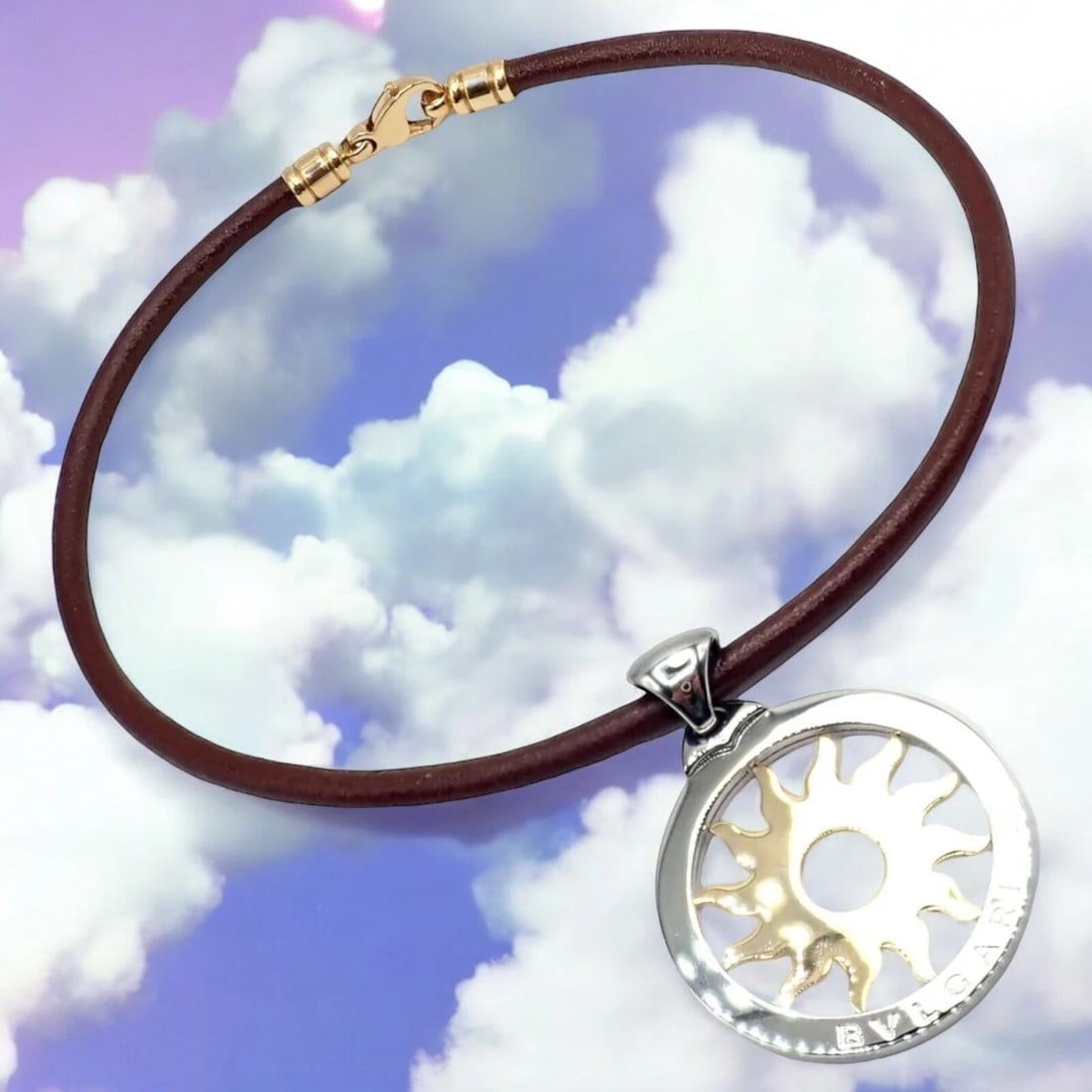 Bulgari Tondo Sun 18k Gold Steel Extra Large Pendant Brown Leather Necklace - 2