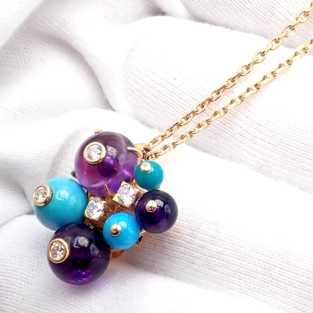 Rare! Authentic Cartier 18k Rose Gold Turquoise Diamond Delices De Goa Necklace - 10