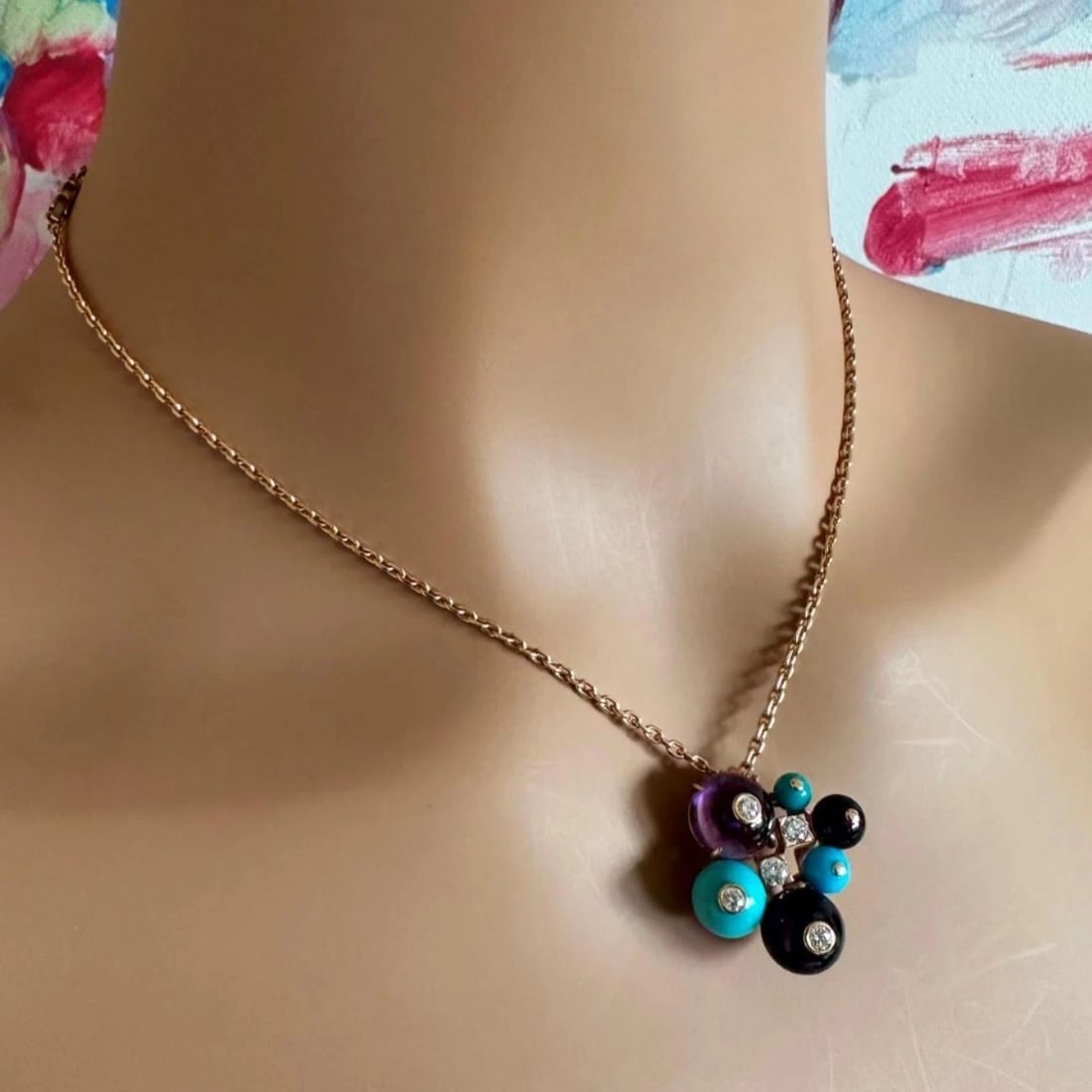 Rare! Authentic Cartier 18k Rose Gold Turquoise Diamond Delices De Goa Necklace - 4