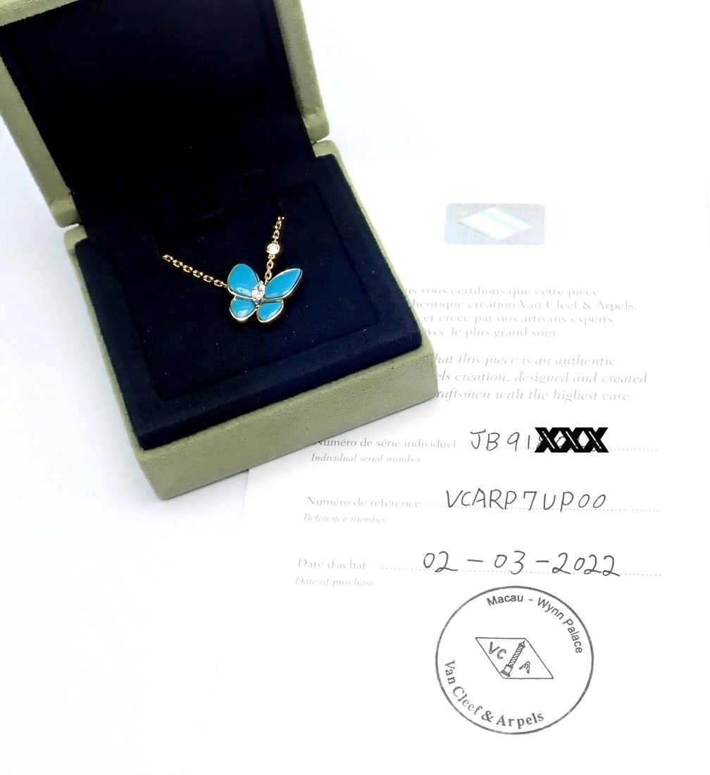 Van Cleef & Arpels 18k Gold Diamond Turquoise Butterfly Pendant Necklace Cert. - 3