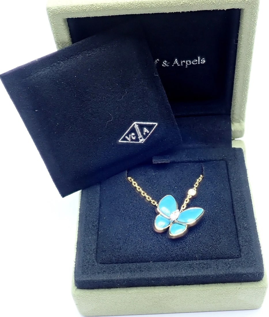 Van Cleef & Arpels 18k Gold Diamond Turquoise Butterfly Pendant Necklace Cert. - 4