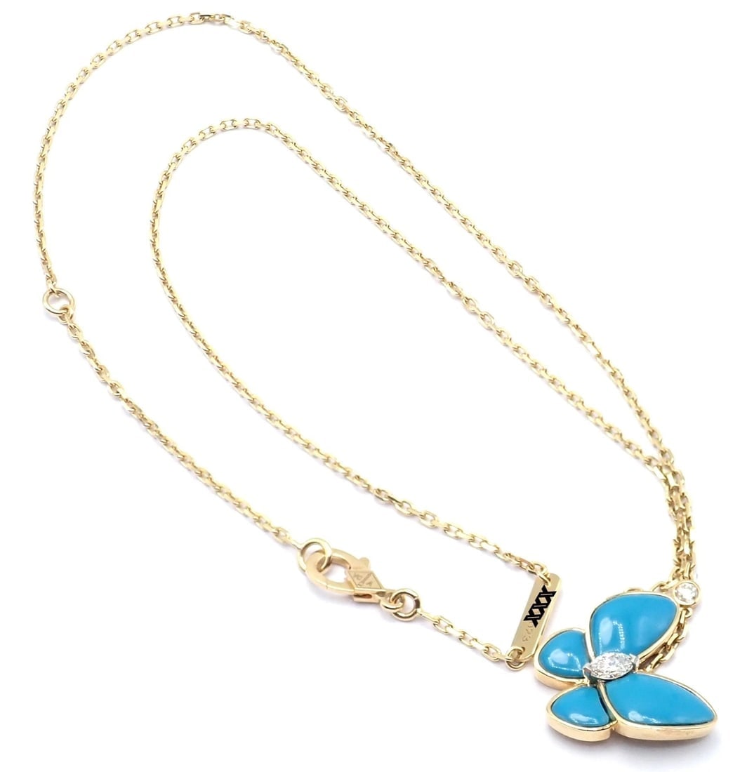 Van Cleef & Arpels 18k Gold Diamond Turquoise Butterfly Pendant Necklace Cert. - 8