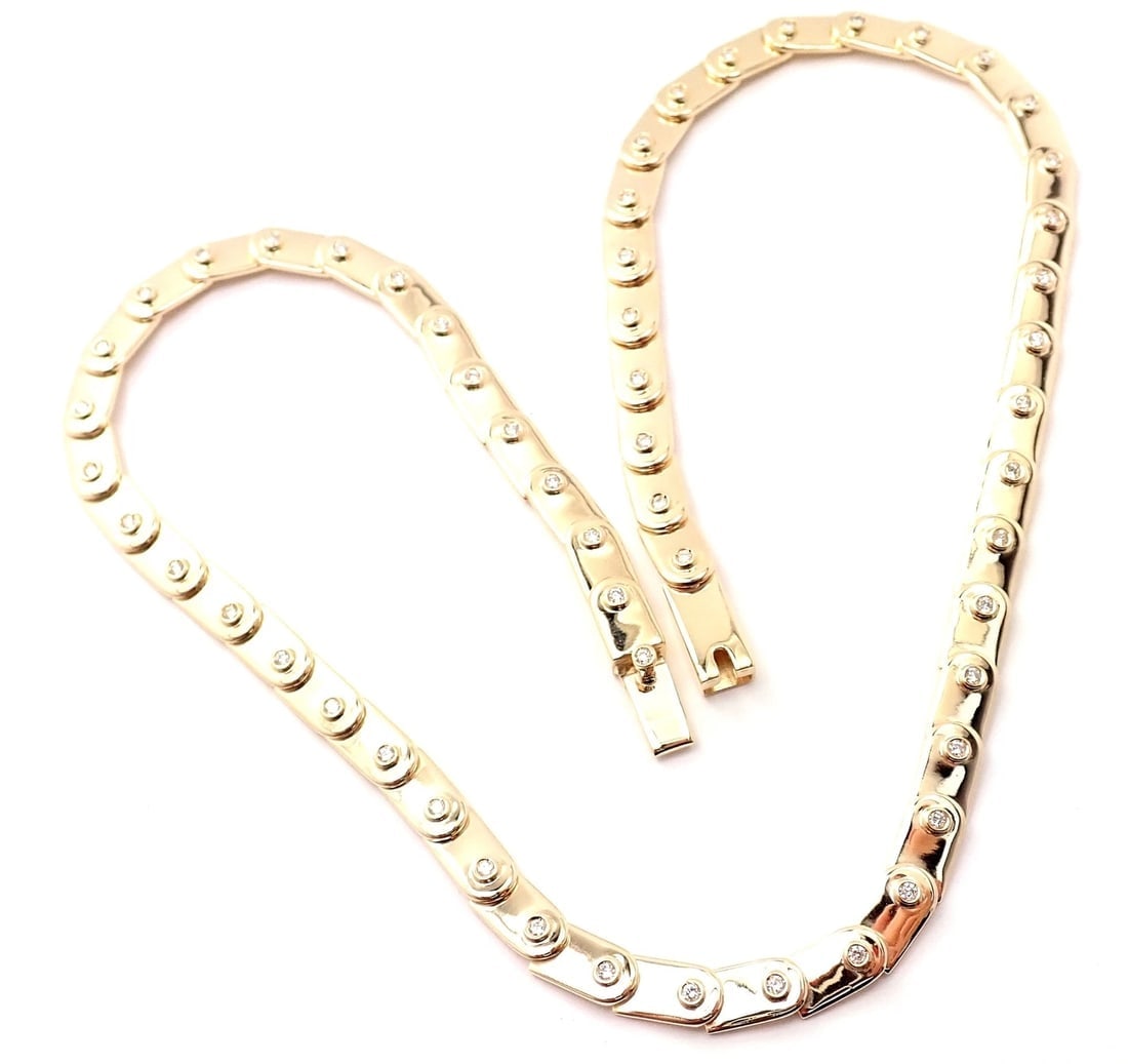 Rare! Authentic Gucci 18k Yellow Gold Diamond Tennis Necklace: Rare! Authentic Gucci 18k Yellow Gold Diamond Tennis Necklace About This Piece: Metal: 18k Yellow Gold Length: Width: 15" 6mm Weight: 35 grams Stones: 55 round brilliant cut diamonds VS1 clarity, G