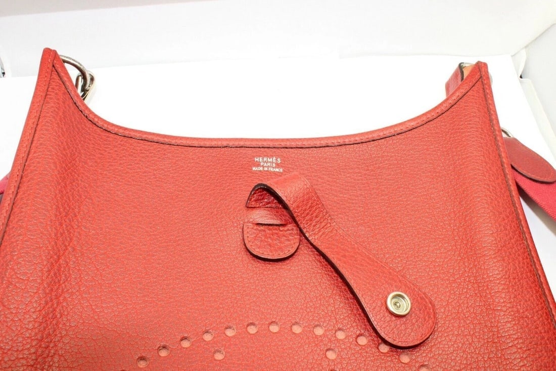 Authentic! Hermes Evelyne Brick Red Clemence Leather GM Handbag Purse - 9