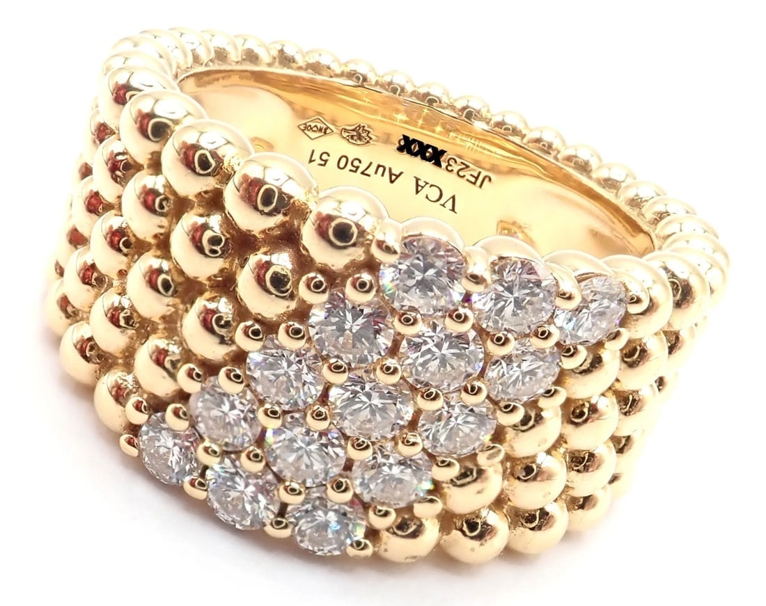 Van Cleef & Arpels 18k Yellow Gold Perlee Diamond 5 Row Band Ring Size 5.75 Cert - 3