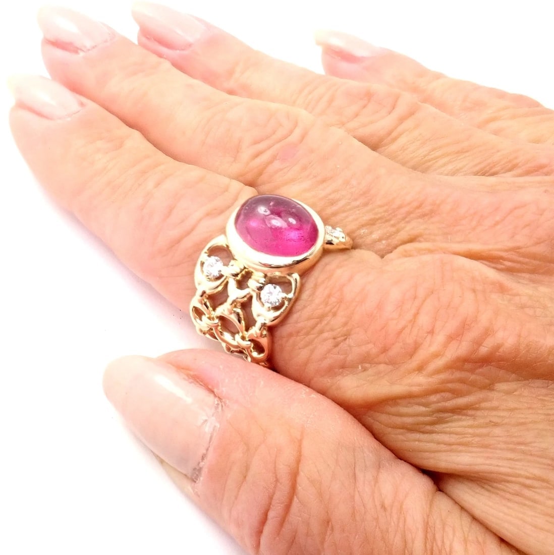 Authentic Christian Dior 18k Yellow Gold Diamond Large Pink Tourmaline Band Ring - 10