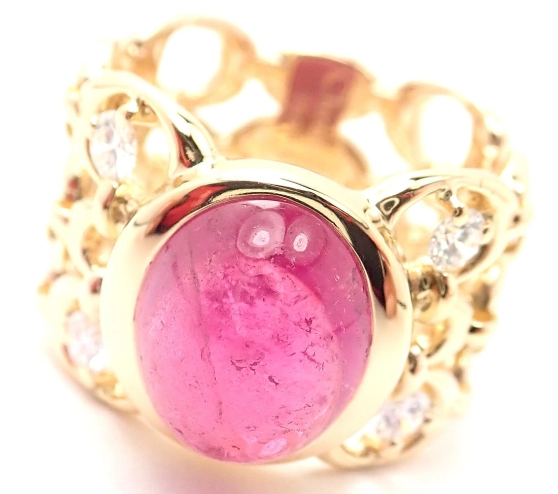 Authentic Christian Dior 18k Yellow Gold Diamond Large Pink Tourmaline Band Ring - 3