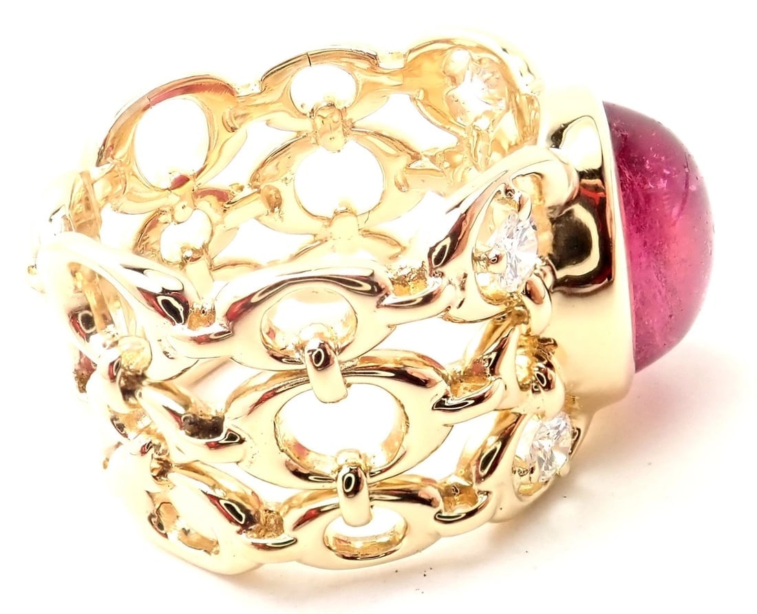 Authentic Christian Dior 18k Yellow Gold Diamond Large Pink Tourmaline Band Ring - 4