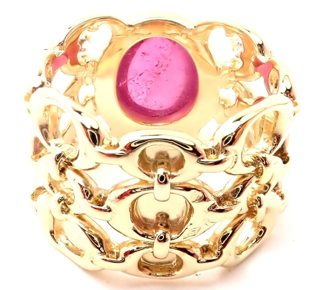 Authentic Christian Dior 18k Yellow Gold Diamond Large Pink Tourmaline Band Ring - 5