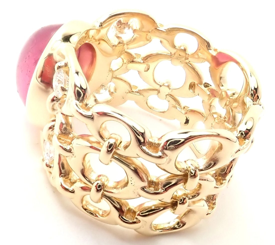 Authentic Christian Dior 18k Yellow Gold Diamond Large Pink Tourmaline Band Ring - 6
