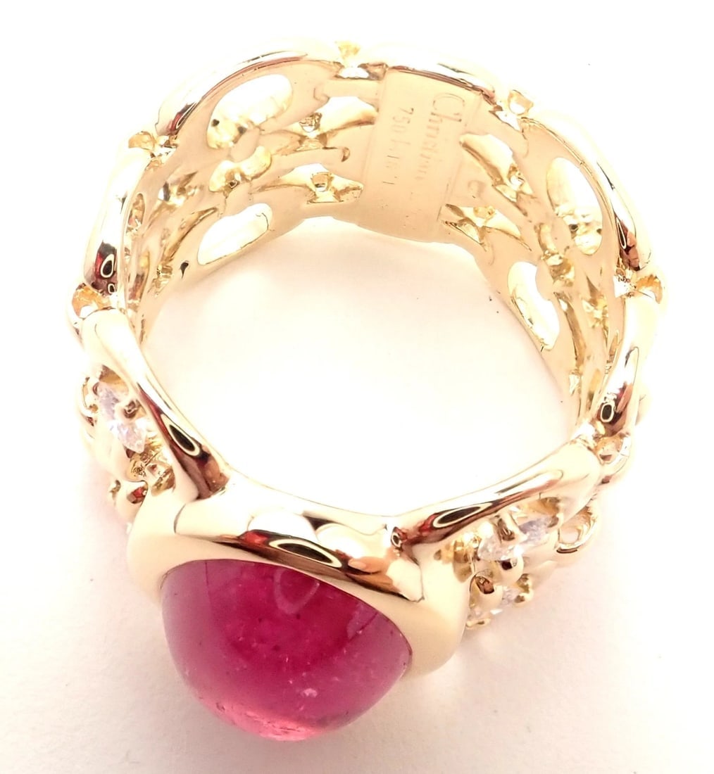 Authentic Christian Dior 18k Yellow Gold Diamond Large Pink Tourmaline Band Ring - 8