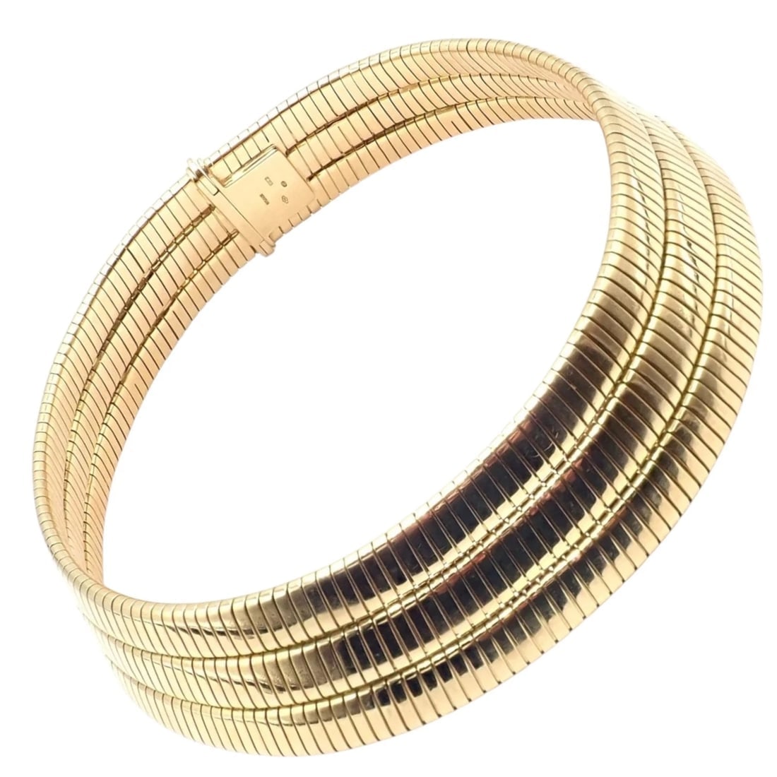 Authentic! Bvlgari Bulgari Three Rows Tubogas 18k Yellow Gold Choker Necklace: Bvlgari three-row Tubogas choker crafted in luxurious 18k yellow gold. Its iconic flexible coil design wraps smoothly around the neck, showcasing bold Italian glamour and impeccable engineering.