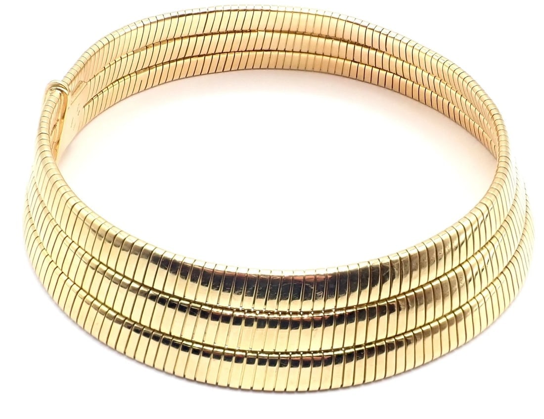 Authentic! Bvlgari Bulgari Three Rows Tubogas 18k Yellow Gold Choker Necklace - 4