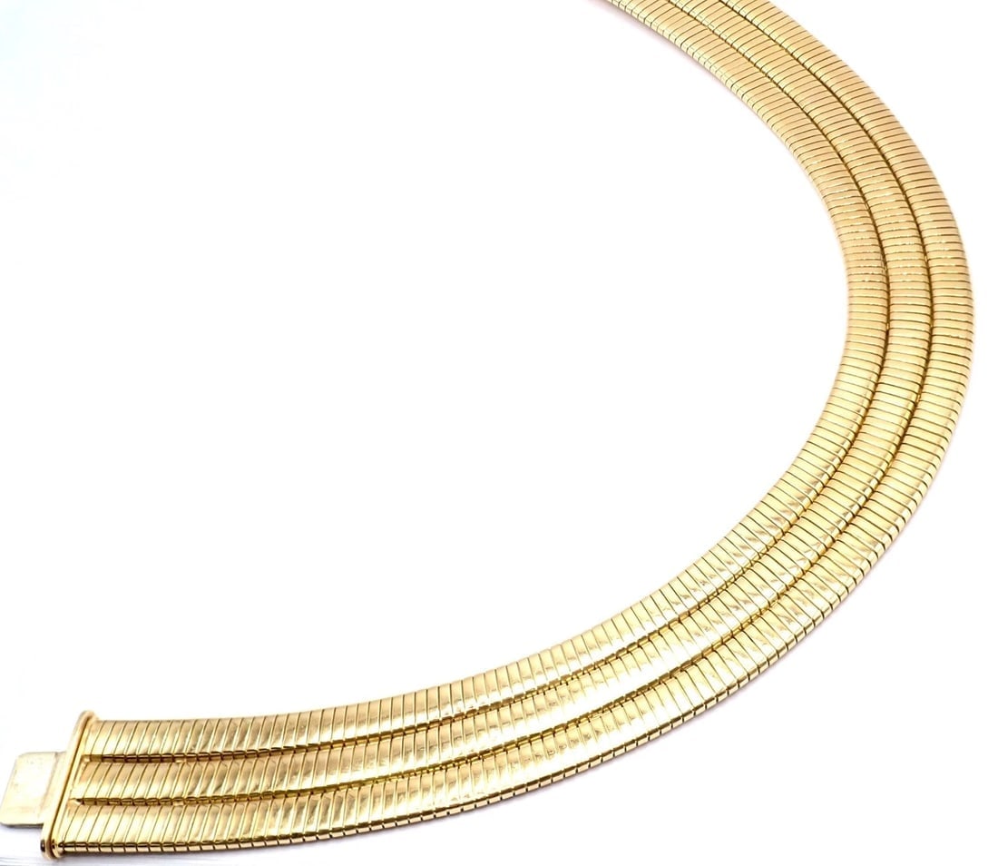 Authentic! Bvlgari Bulgari Three Rows Tubogas 18k Yellow Gold Choker Necklace - 8