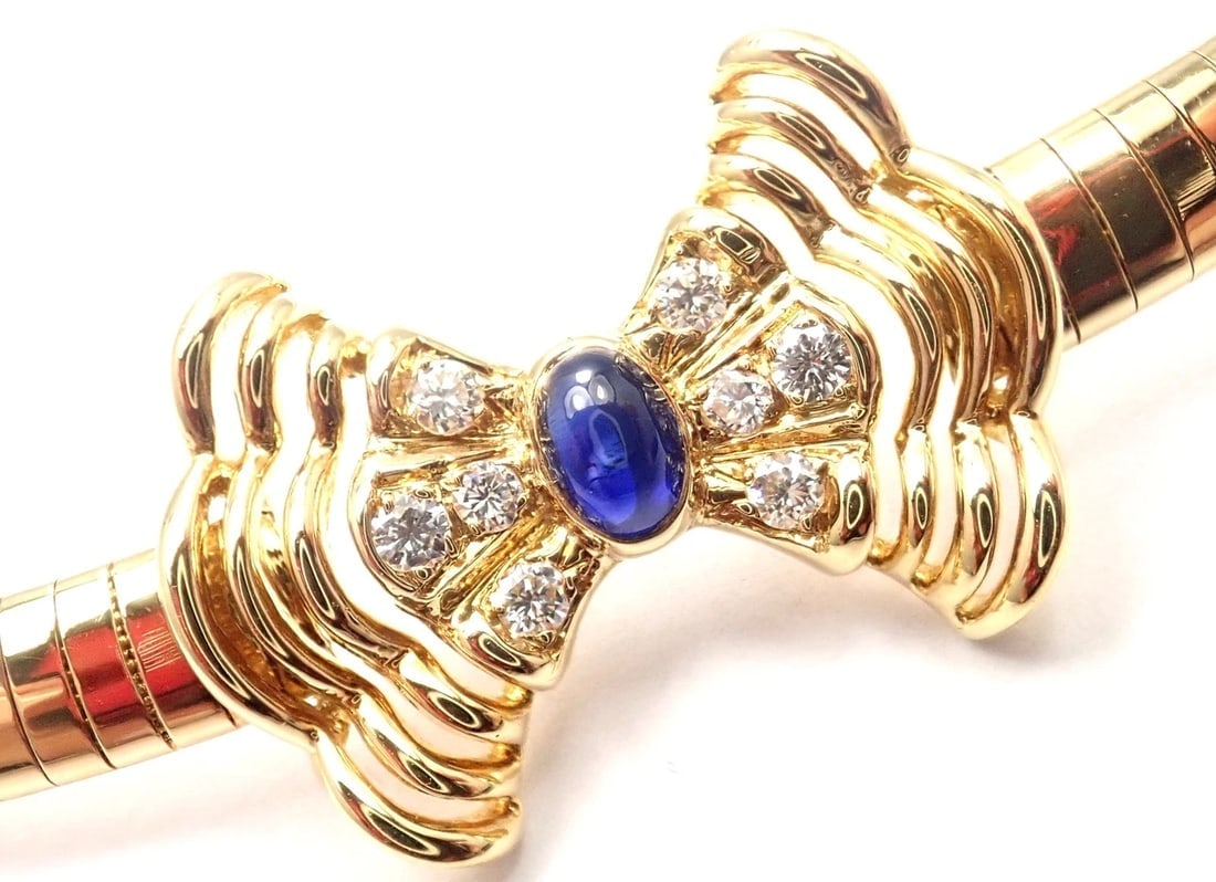 Rare! Authentic Christian Dior 18k Yellow Gold Diamond Sapphire Bow Necklace: Rare! Authentic Christian Dior 18k Yellow Gold Diamond Sapphire Bow Necklace About This Piece: About Christian Dior Jewelry: Towards the end of last century, fine jewelry was missing the whimsical ele