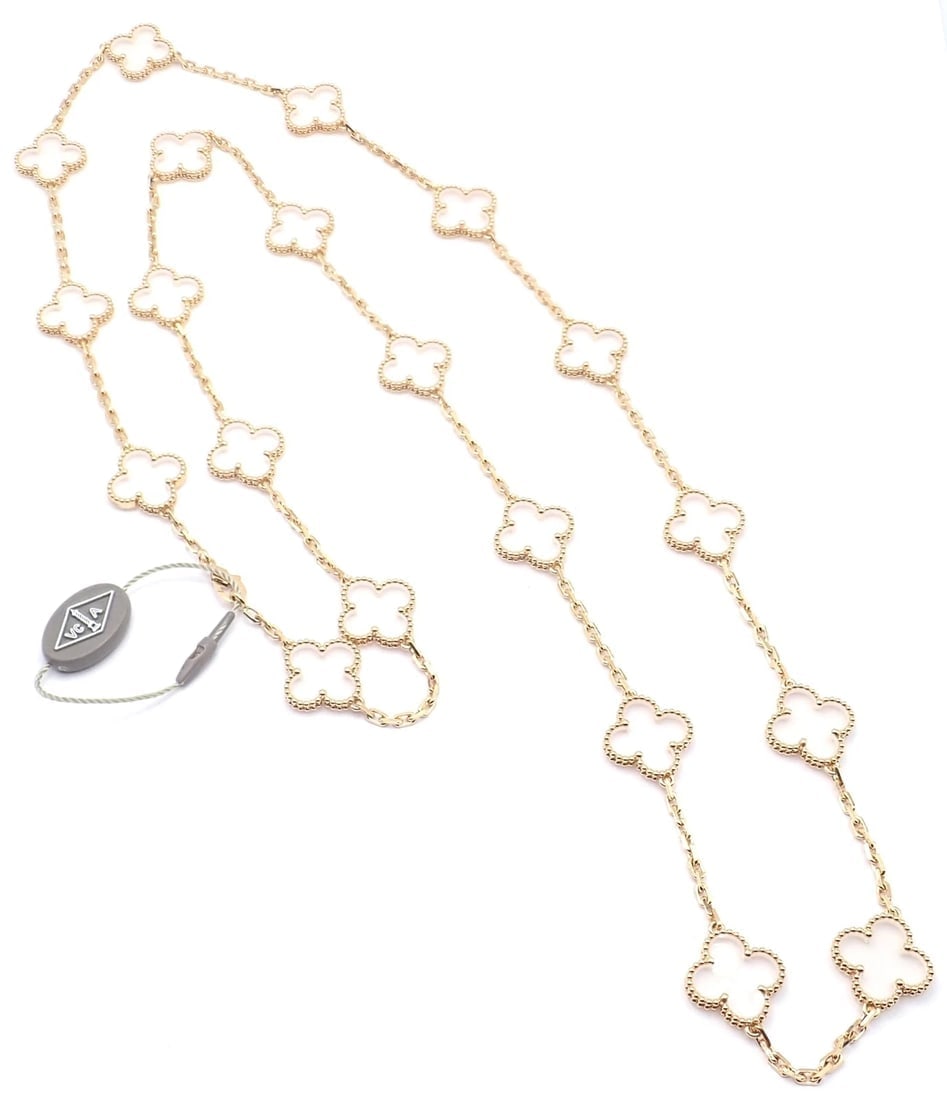 Van Cleef & Arpels 18k Yellow Gold 20 Motif Alhambra Rock Crystal Necklace Cert - 13