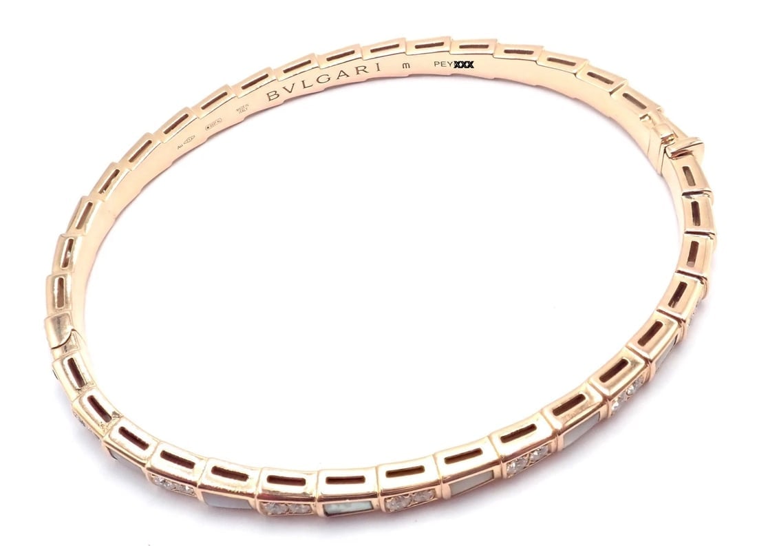 Authentic! Bulgari Bvlgari Serpenti Viper 18k Gold Diamond MOP Bangle Bracelet - 13