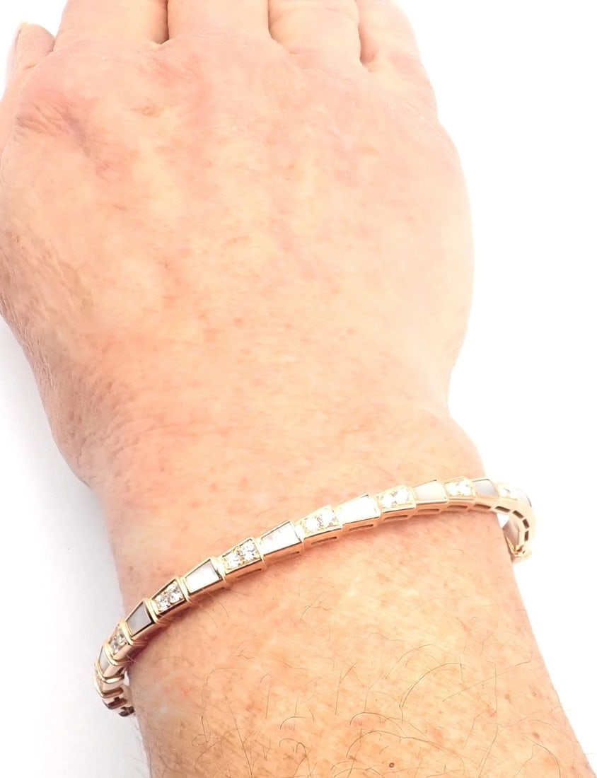 Authentic! Bulgari Bvlgari Serpenti Viper 18k Gold Diamond MOP Bangle Bracelet - 8