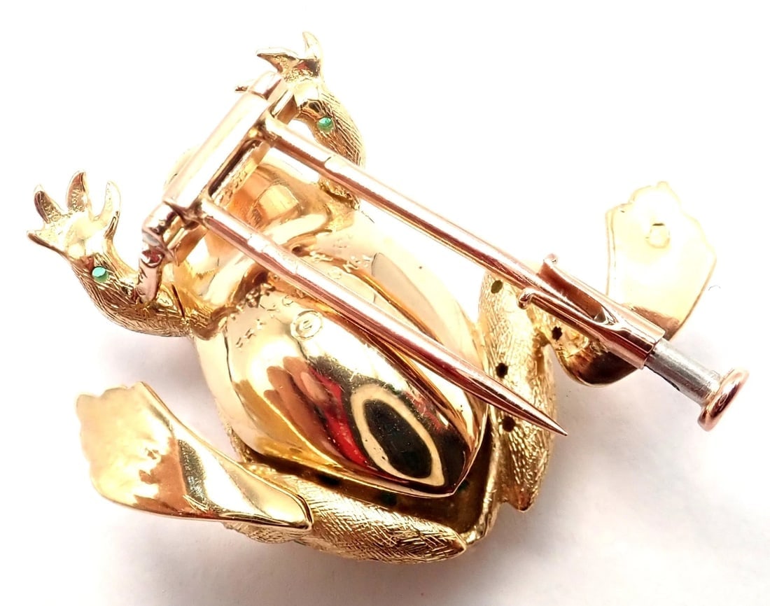 Vintage! Tiffany & Co. France 20k Yellow Gold Ruby Emerald Frog Pin Brooch - 11