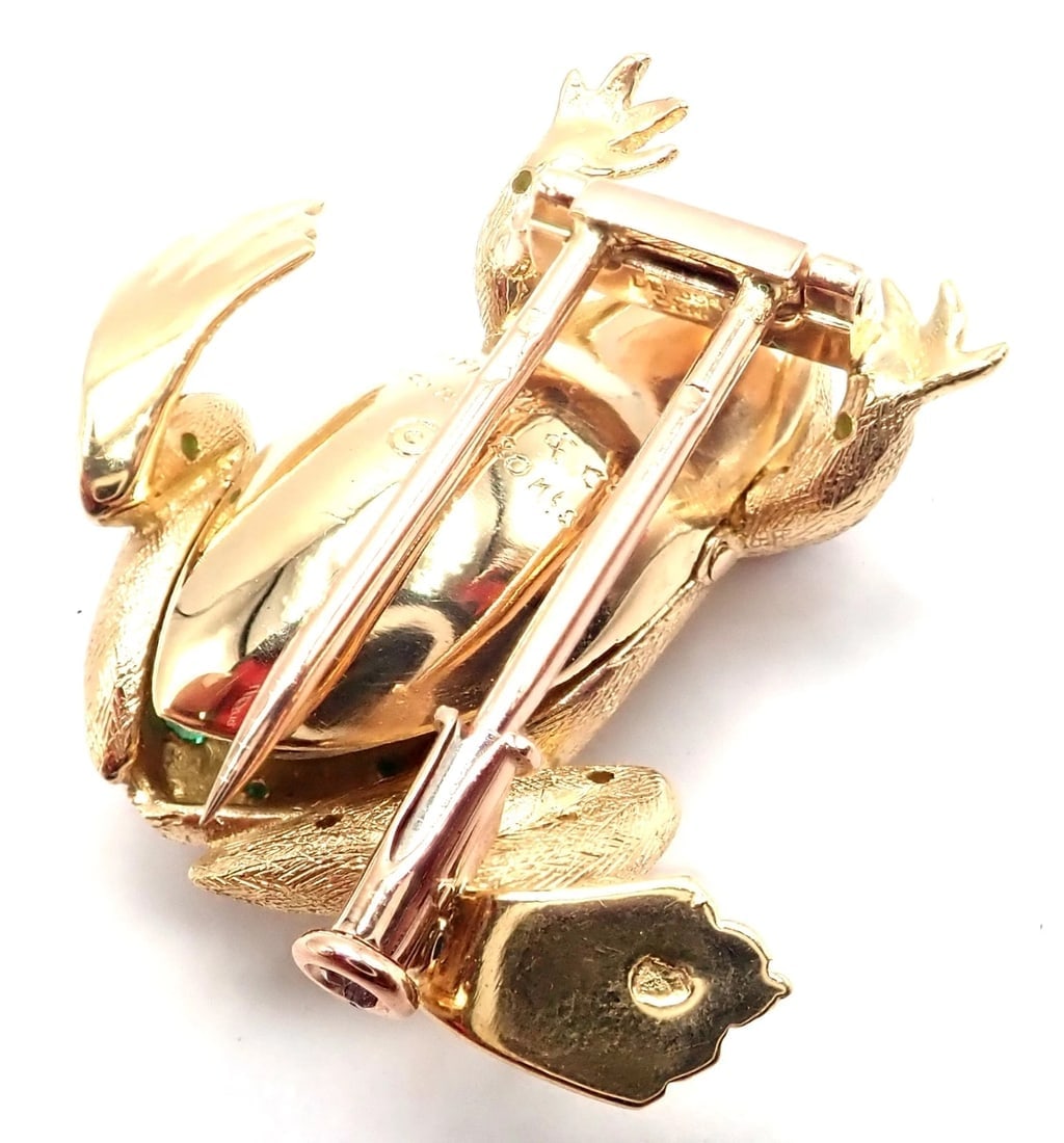 Vintage! Tiffany & Co. France 20k Yellow Gold Ruby Emerald Frog Pin Brooch - 5