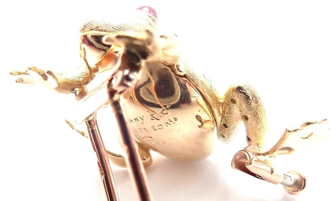 Vintage! Tiffany & Co. France 20k Yellow Gold Ruby Emerald Frog Pin Brooch - 9