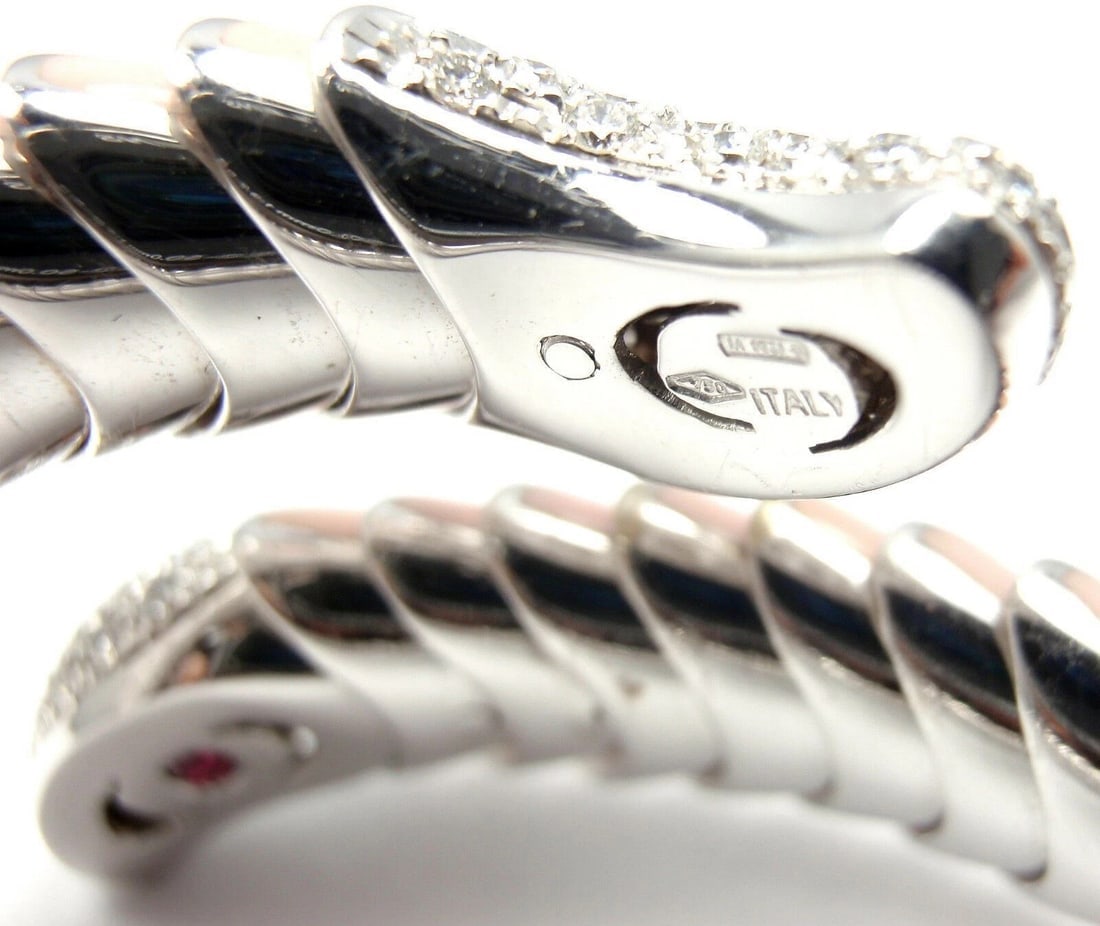 Authentic! Roberto Coin 18k White Gold Enamel Ruby Diamond Cobra Bangle Bracelet - 7