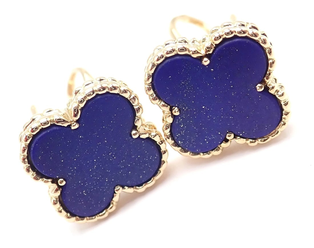 Van Cleef & Arpels 18k Yellow Gold Vintage Alhambra Blue Lapis Earrings Paper - 12