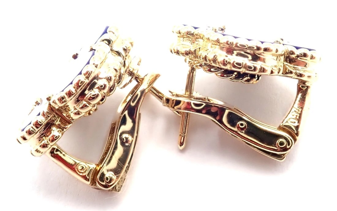 Van Cleef & Arpels 18k Yellow Gold Vintage Alhambra Blue Lapis Earrings Paper - 9