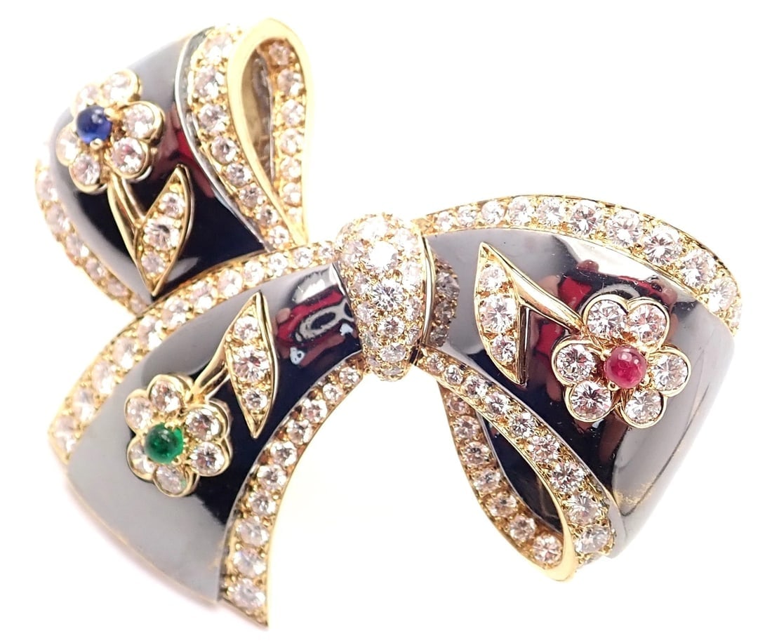 Rare Van Cleef & Arpels 18k Gold Diamond Ruby Emerald Sapphire Flower Pin Brooch (1 of 12)