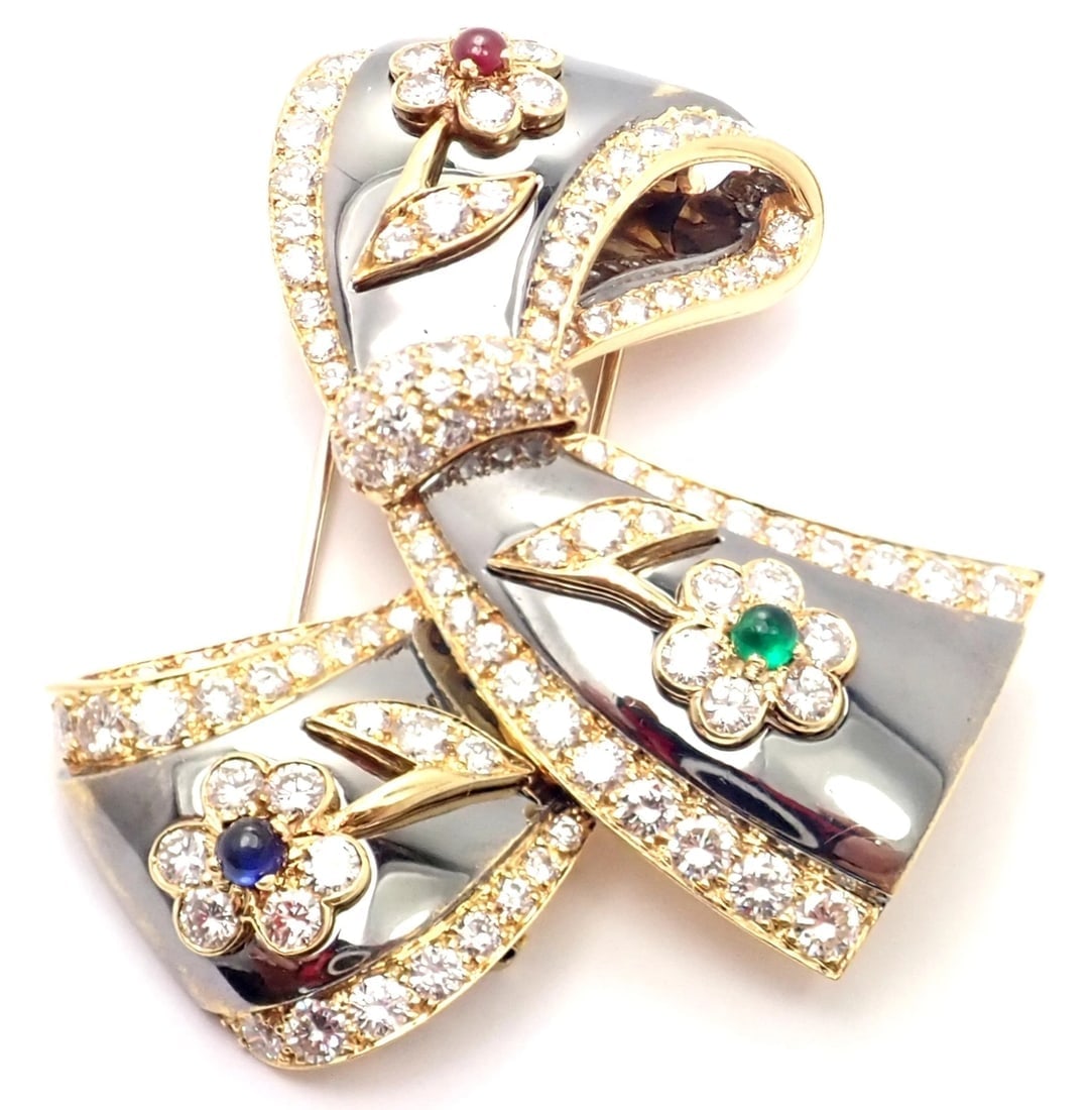 Rare Van Cleef & Arpels 18k Gold Diamond Ruby Emerald Sapphire Flower Pin Brooch - 8
