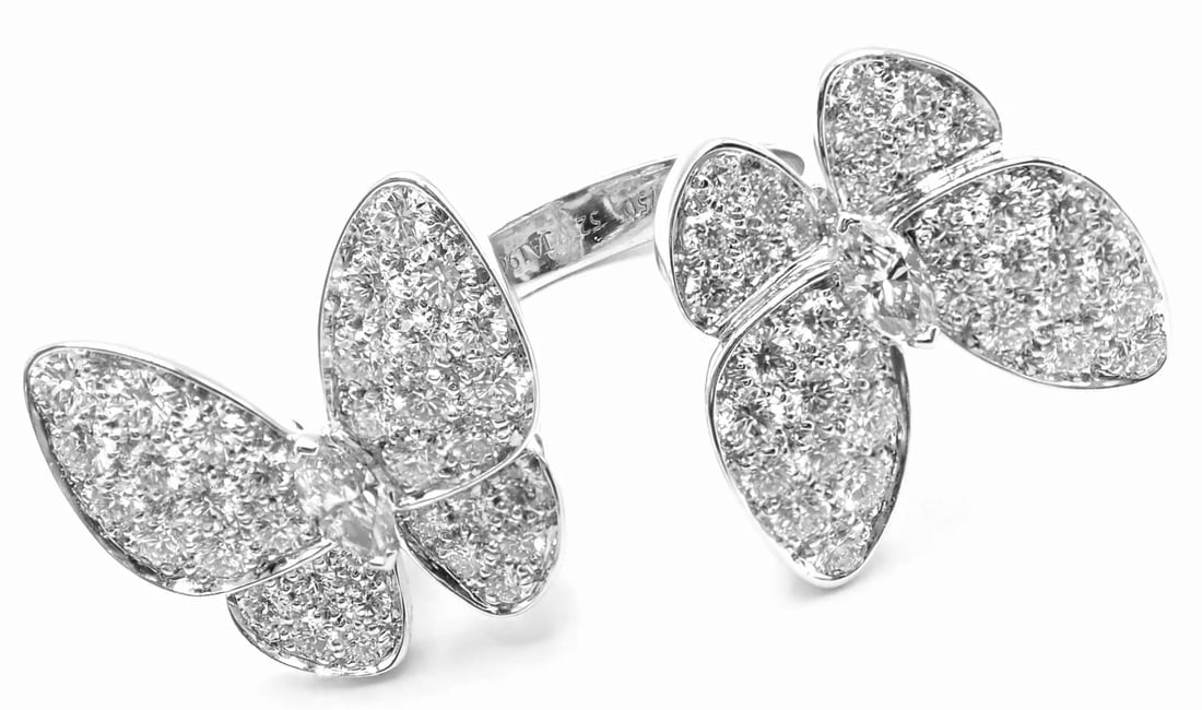 Van Cleef & Arpels 18k White Gold Diamond Two Butterfly Between Finger Ring - 9