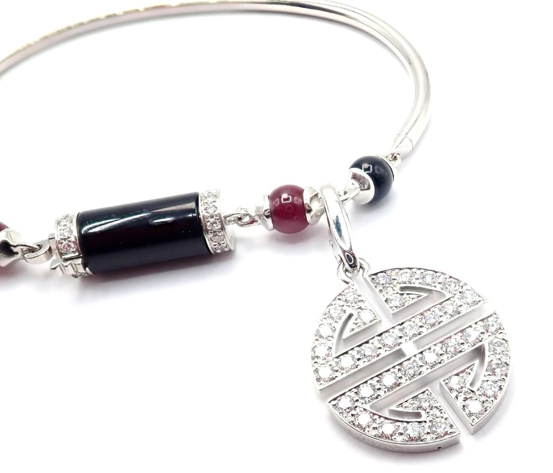 Cartier Le Baiser Du Dragon 18k Gold Diamond Ruby Onyx 2 Charms Bangle Bracelet - 3