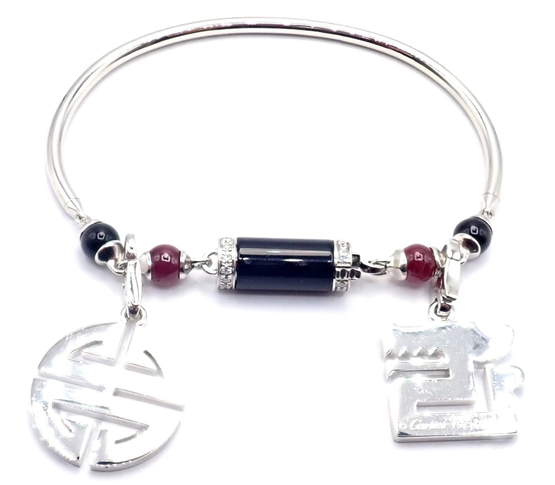 Cartier Le Baiser Du Dragon 18k Gold Diamond Ruby Onyx 2 Charms Bangle Bracelet - 5