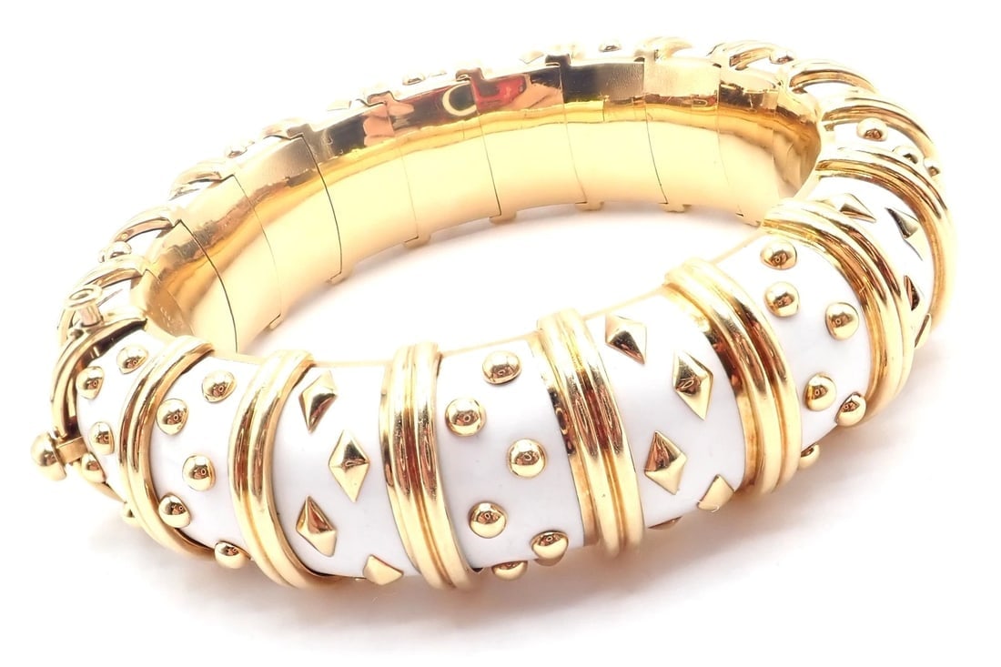 Tiffany & Co Schlumberger Dot Losange 18k Yellow Gold Enamel Bangle Bracelet - 11
