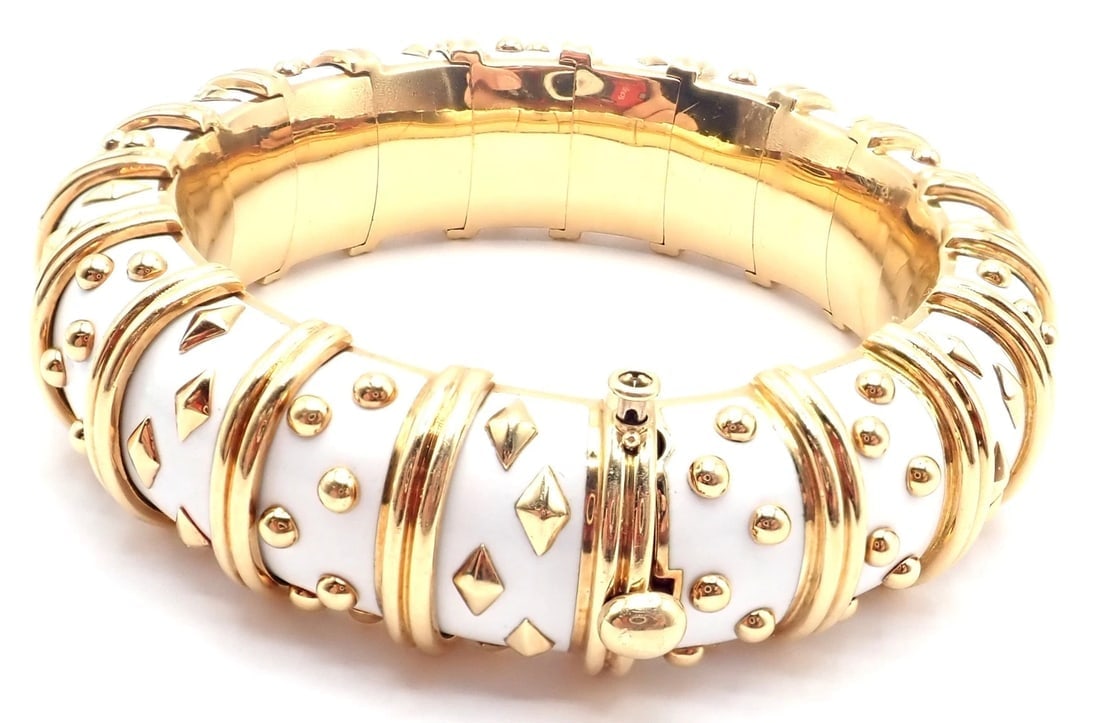 Tiffany & Co Schlumberger Dot Losange 18k Yellow Gold Enamel Bangle Bracelet - 3