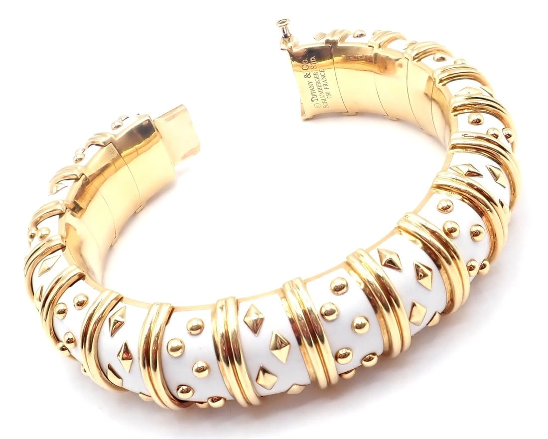 Tiffany & Co Schlumberger Dot Losange 18k Yellow Gold Enamel Bangle Bracelet - 6