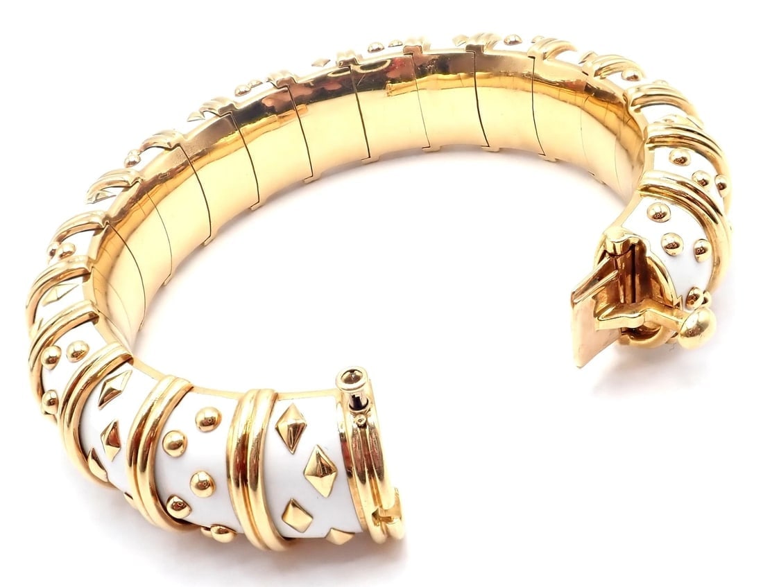 Tiffany & Co Schlumberger Dot Losange 18k Yellow Gold Enamel Bangle Bracelet - 7