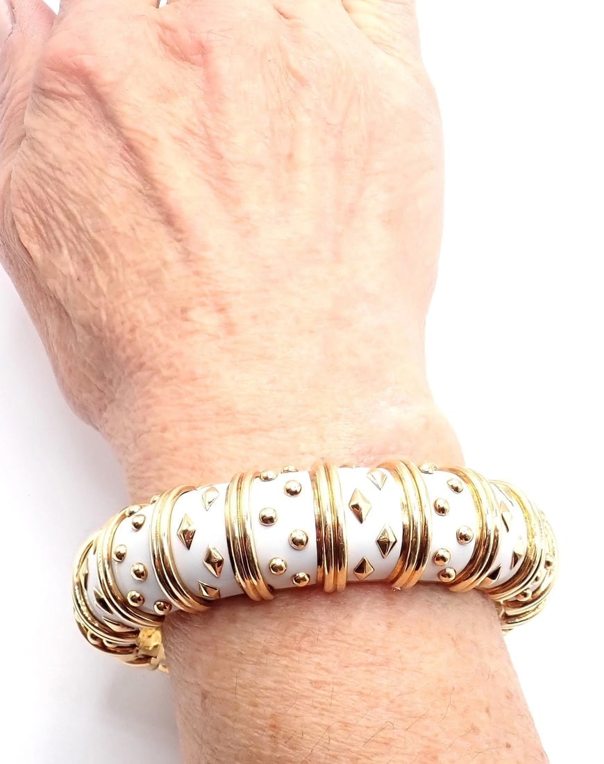 Tiffany & Co Schlumberger Dot Losange 18k Yellow Gold Enamel Bangle Bracelet - 8