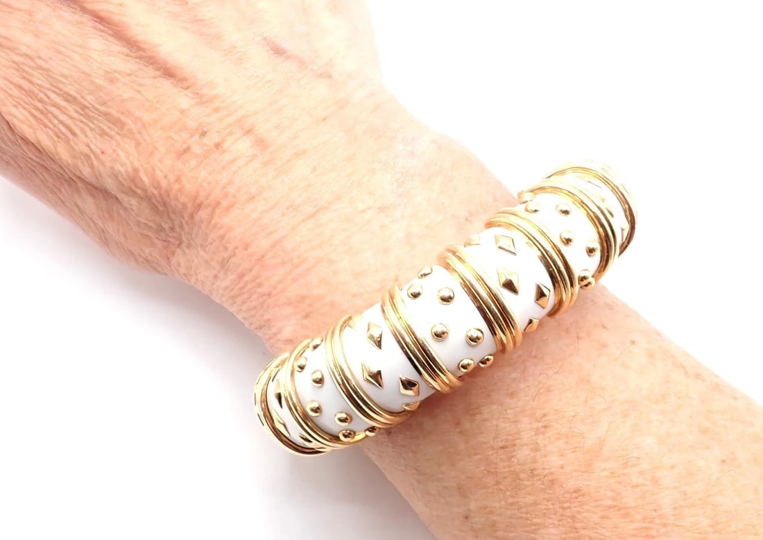 Tiffany & Co Schlumberger Dot Losange 18k Yellow Gold Enamel Bangle Bracelet - 9