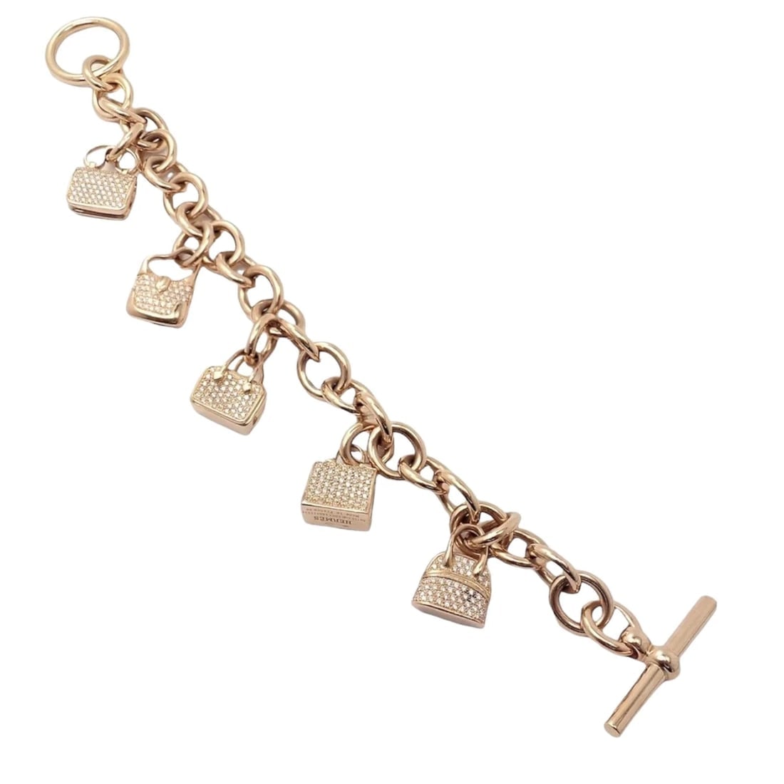 Authentic! Hermes 18k Rose Gold Diamond Signature Iconic Bag Charm Link Bracelet - 3