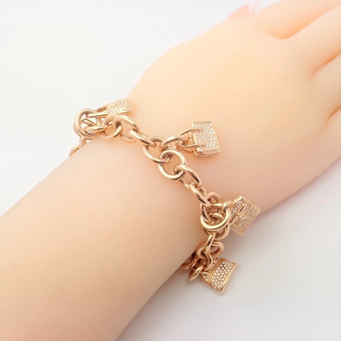 Authentic! Hermes 18k Rose Gold Diamond Signature Iconic Bag Charm Link Bracelet - 5