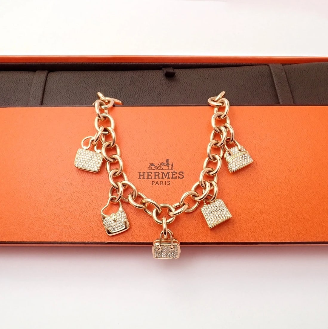 Authentic! Hermes 18k Rose Gold Diamond Signature Iconic Bag Charm Link Bracelet - 6