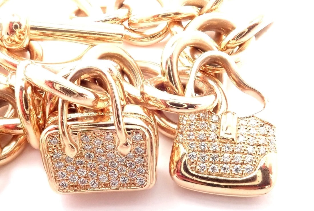 Authentic! Hermes 18k Rose Gold Diamond Signature Iconic Bag Charm Link Bracelet - 8