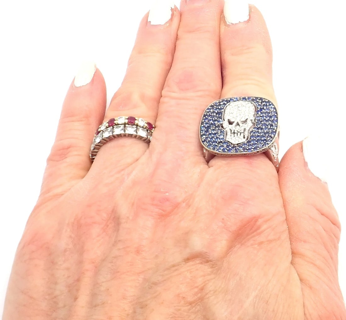 Authentic! Loree Rodkin 18k White Gold Diamond Sapphire Skull Ring Paper Box - 12