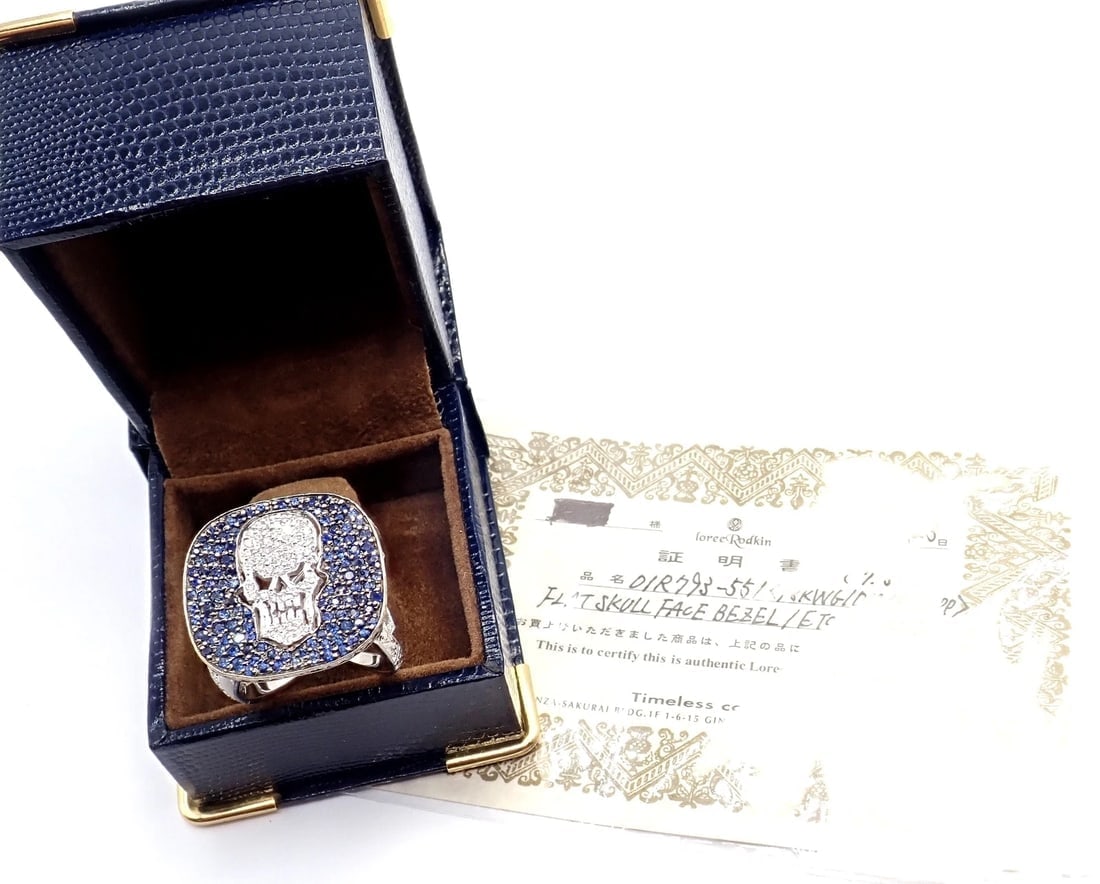 Authentic! Loree Rodkin 18k White Gold Diamond Sapphire Skull Ring Paper Box - 14