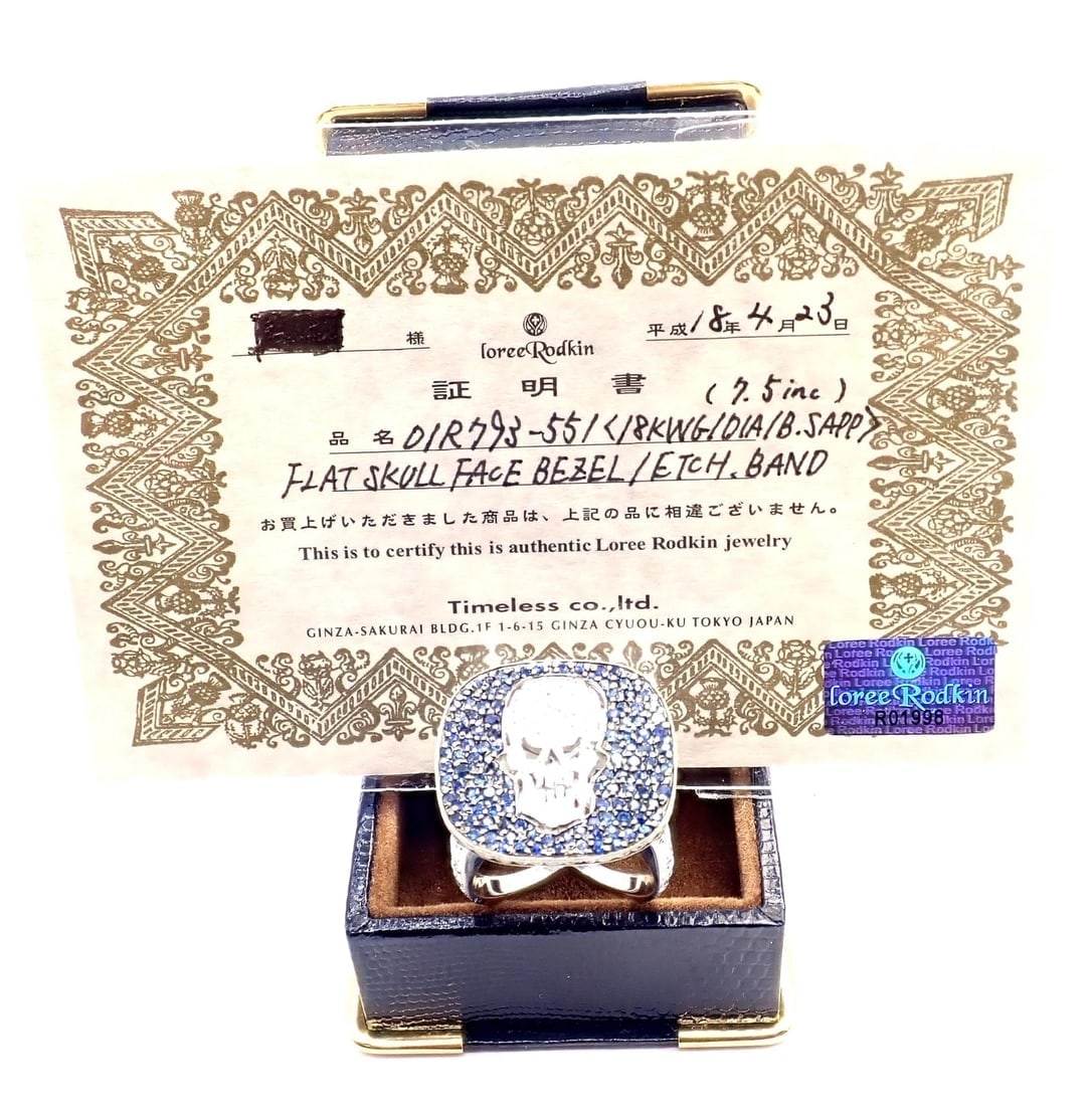 Authentic! Loree Rodkin 18k White Gold Diamond Sapphire Skull Ring Paper Box - 5