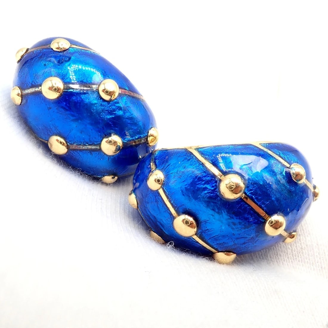 Rare Tiffany & Co Schlumberger 18k Yellow Gold Large Blue Enamel Banana Earrings - 10