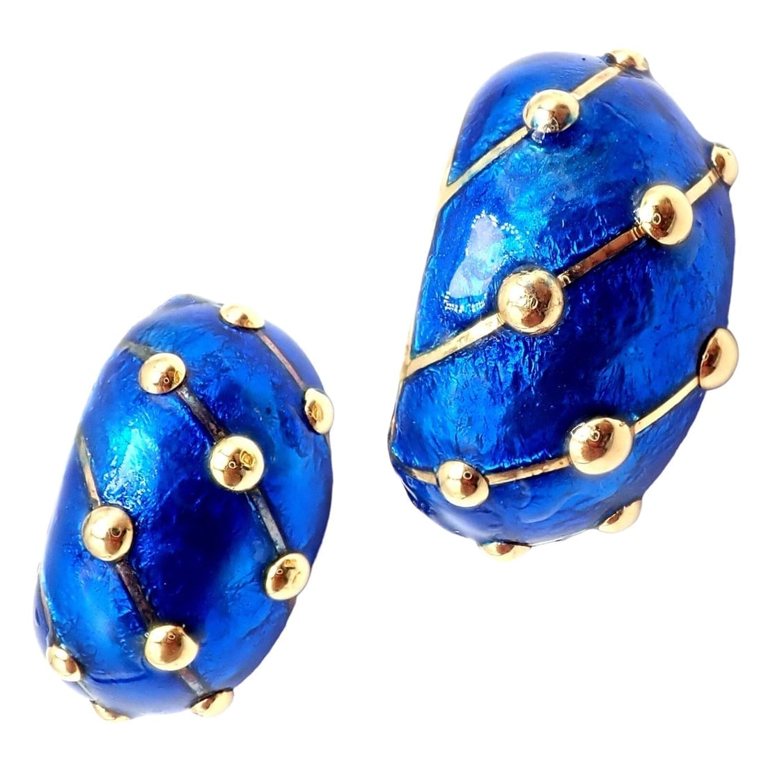 Rare Tiffany & Co Schlumberger 18k Yellow Gold Large Blue Enamel Banana Earrings - 11