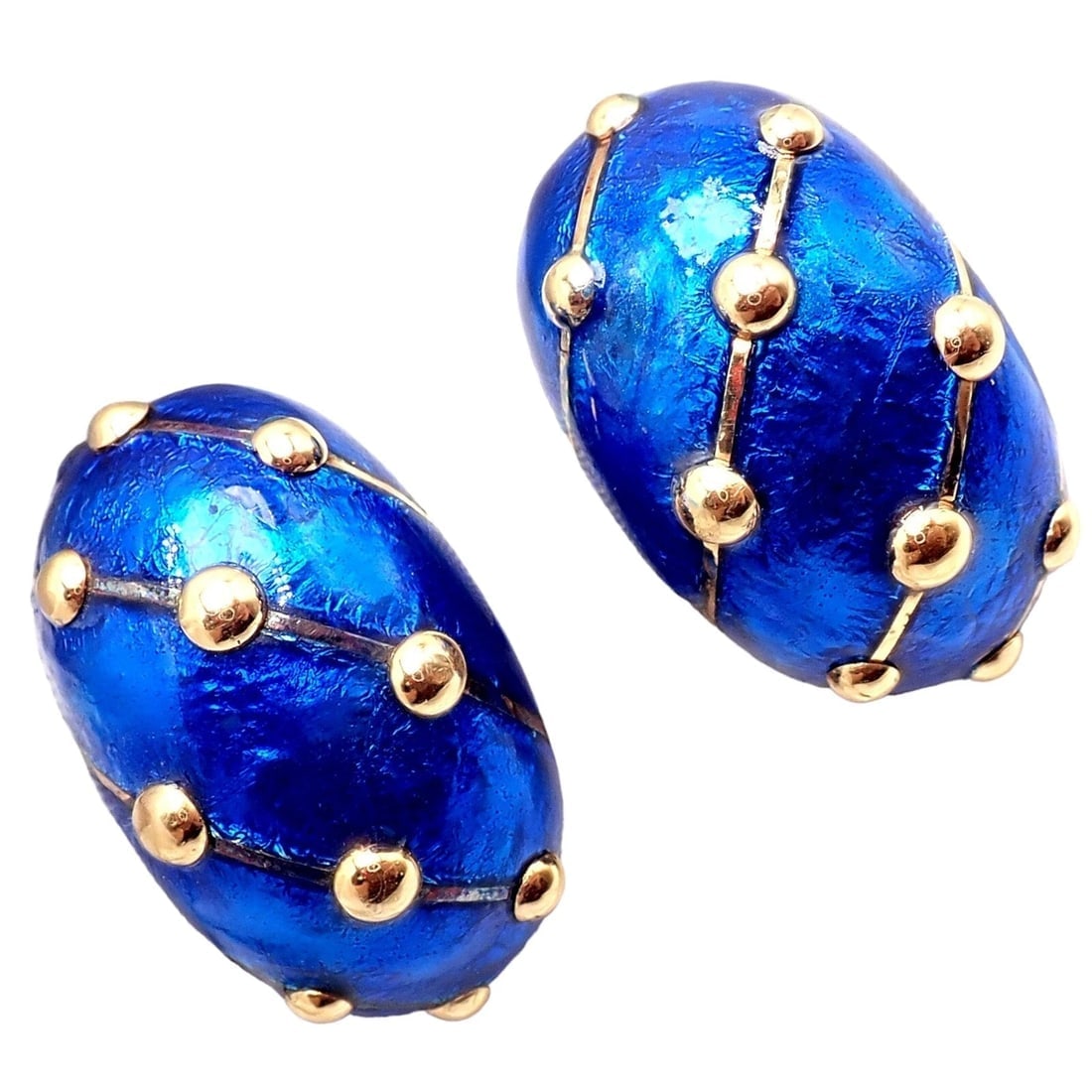 Rare Tiffany & Co Schlumberger 18k Yellow Gold Large Blue Enamel Banana Earrings - 12