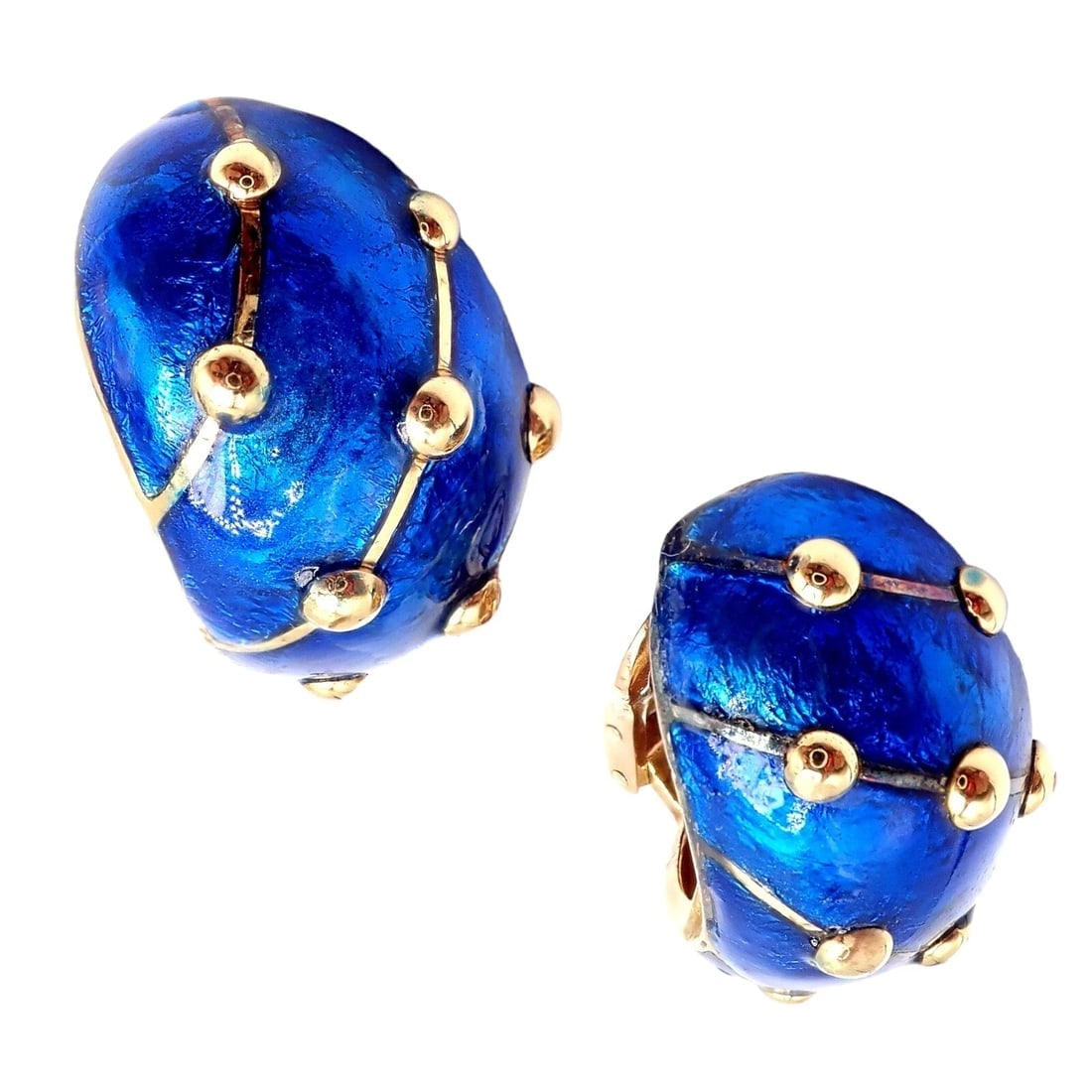 Rare Tiffany & Co Schlumberger 18k Yellow Gold Large Blue Enamel Banana Earrings - 14